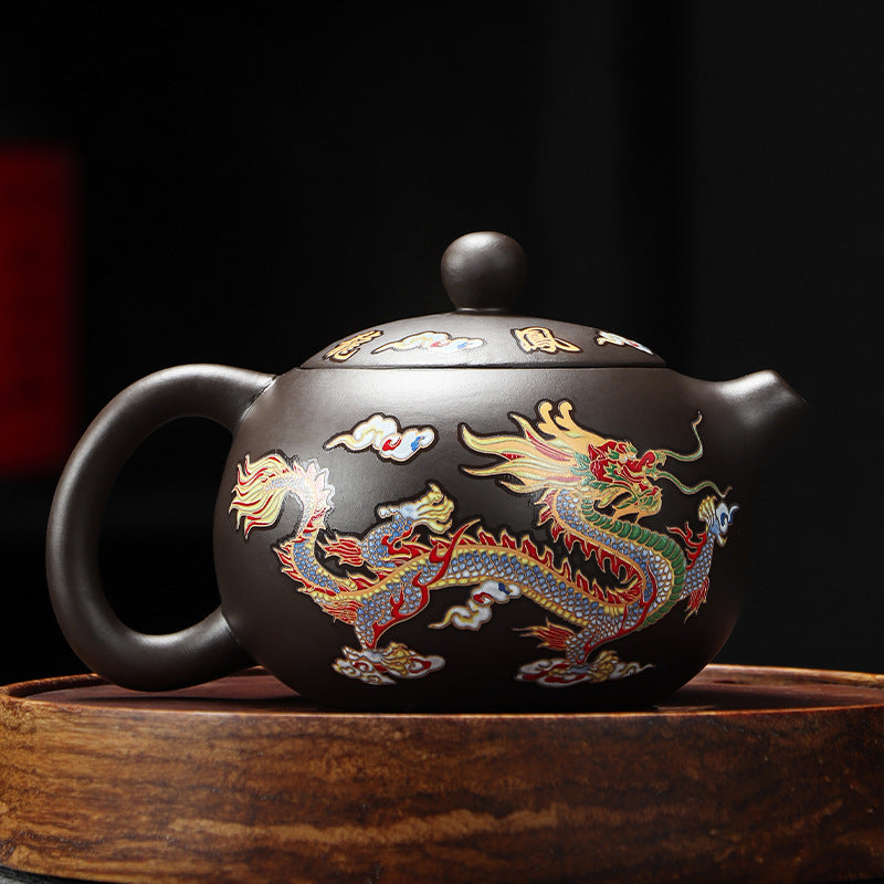 Dragon And Phoenix Purple Clay Teapot