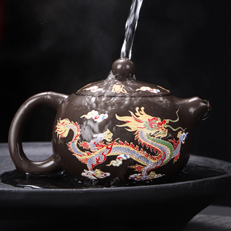 Dragon And Phoenix Purple Clay Teapot