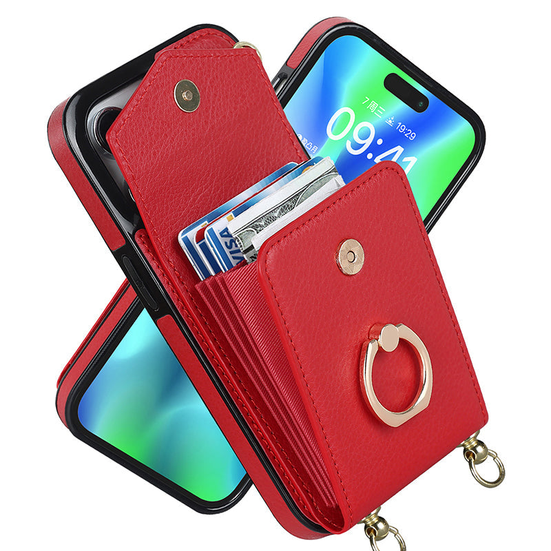 Leather Wallet Case with Ring & Lanyard For iPhone