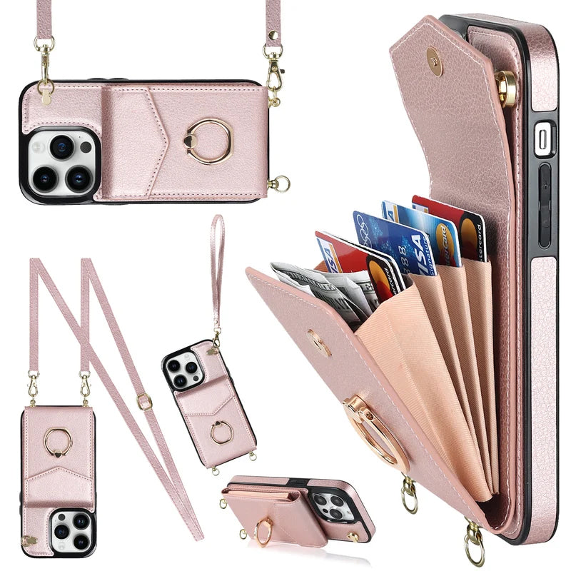 Leather Wallet Case with Ring & Lanyard For iPhone